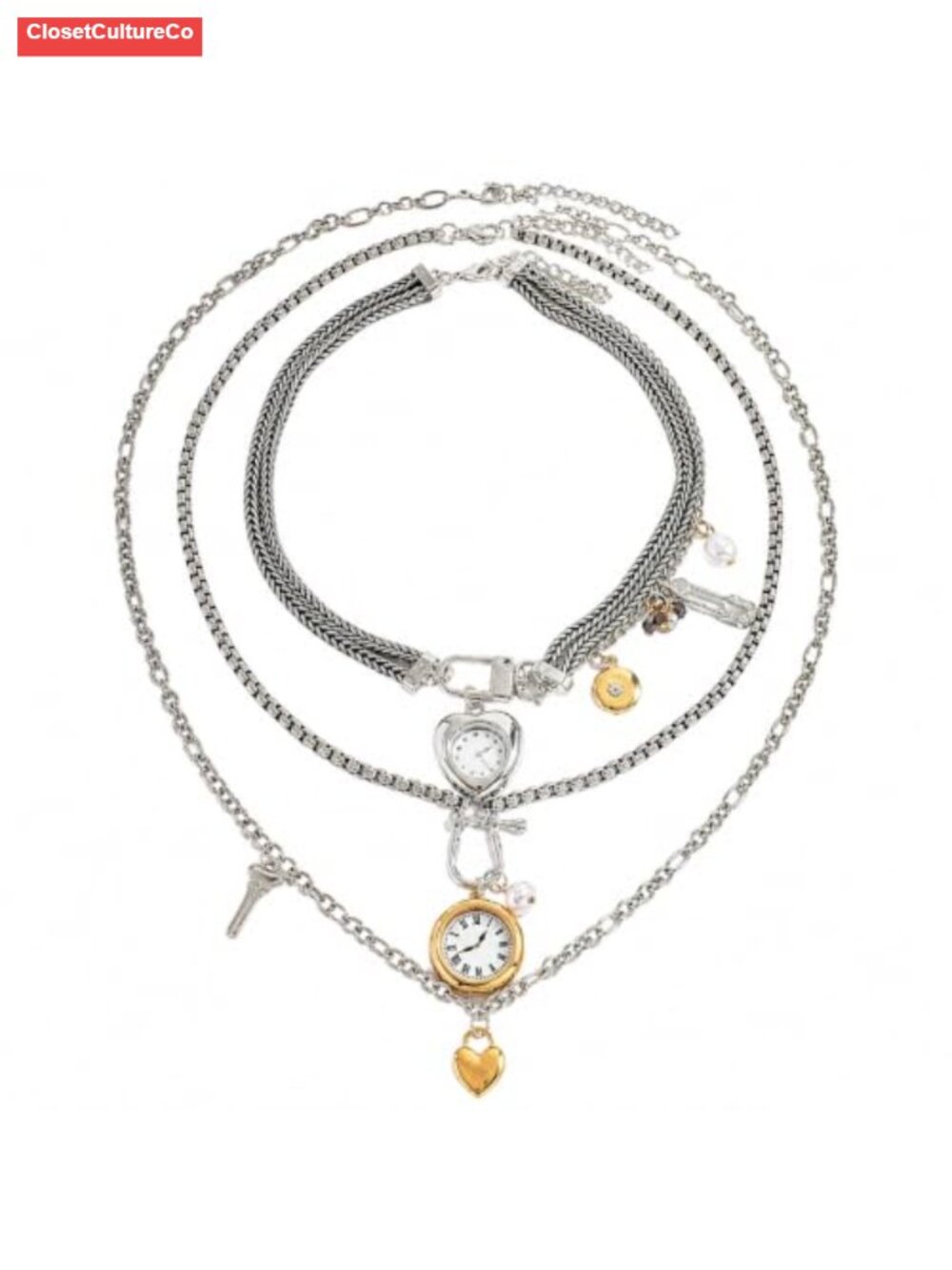 Layered Necklace Set 3 Strand Braided Paperclip Chain Pendant Statement